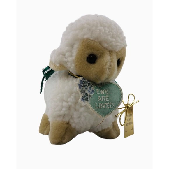 Lamb Plush Heart Tag Ewe Are Loved Stuffed Animal Green Bow Sherpa Easter - Picture 1 of 10